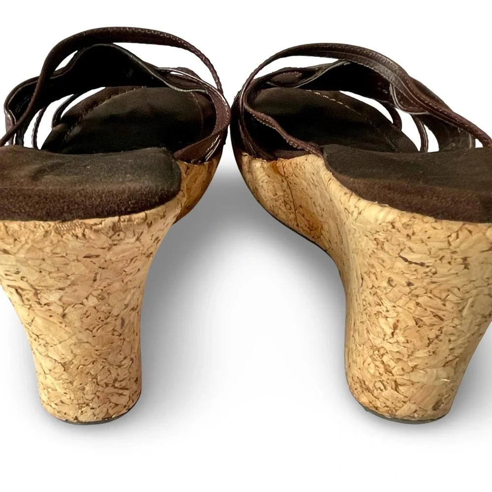 Bass Chianti Strappy Brown Leather Cork Slip-on Wedge Sandals Sz8 - Picture 5 of 9